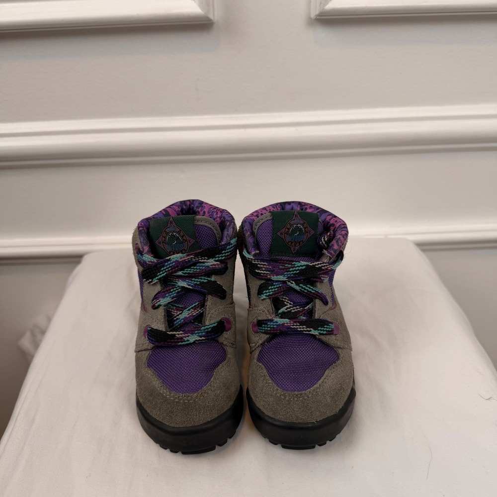 Vintage Keds Outdoor Kids Hiking Boots Grey Purple Suede Leopard Print Size 5.5M